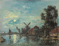 Quadro decorativo mostrando uma paisagem noturna holandesa com um rio, moinhos de vento, casas e árvores sob a luz de uma lua cheia refletida na água. A pintura possui pinceladas visíveis e cores suaves de azul, cinza e amarelo.