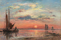 Quadro decorativo de Johan Barthold Jongkind, 'Pôr do Sol no Rio', exibindo um pôr do sol dramático sobre um rio com barcos à vela, em tons de laranja, rosa e azul.