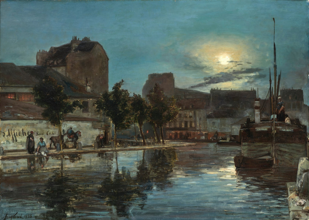 Quadro decorativo mostrando uma cena de porto noturna com edifícios e um barco, iluminada pela lua cheia refletida na água. Atribuído a Johan Barthold Jongkind.