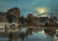 Quadro decorativo mostrando uma cena de porto noturna com edifícios e um barco, iluminada pela lua cheia refletida na água. Atribuído a Johan Barthold Jongkind.