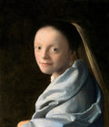 Quadro decorativo A Moça com o Brinco de Pérola de Johannes Vermeer, mostrando o busto de uma jovem de perfil, olhando para o espectador, com um turbante azul e amarelo e um brinco de pérola em fundo escuro.