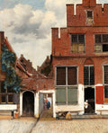 Quadro decorativo 'A Rua Pequena' de Johannes Vermeer, mostrando uma rua de tijolos vermelhos com casas holandesas, figuras em atividades cotidianas e céu com nuvens. Pintura a óleo com detalhes arquitetônicos.