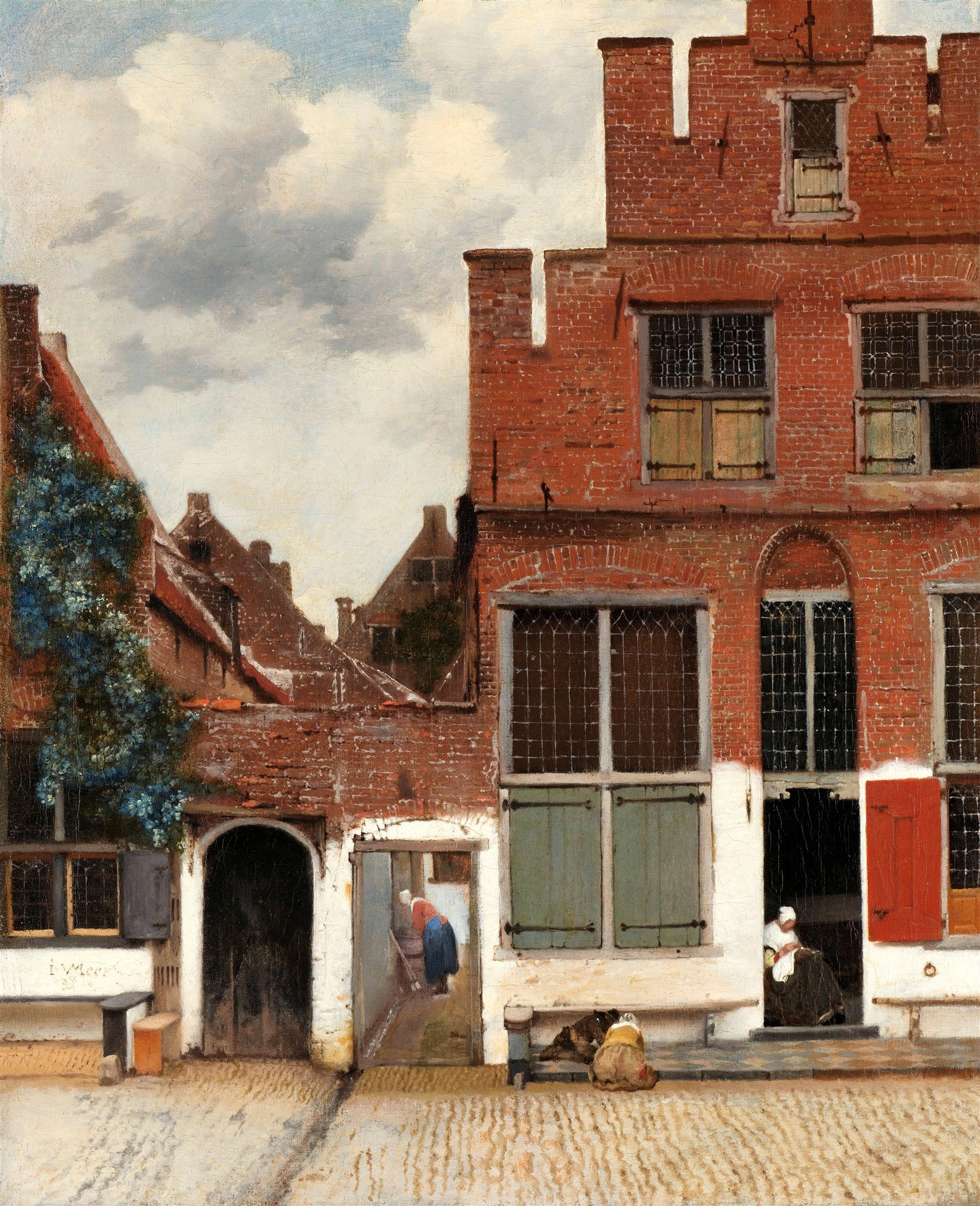 Quadro decorativo 'A Rua Pequena' de Johannes Vermeer, mostrando uma rua de tijolos vermelhos com casas holandesas, figuras em atividades cotidianas e céu com nuvens. Pintura a óleo com detalhes arquitetônicos.
