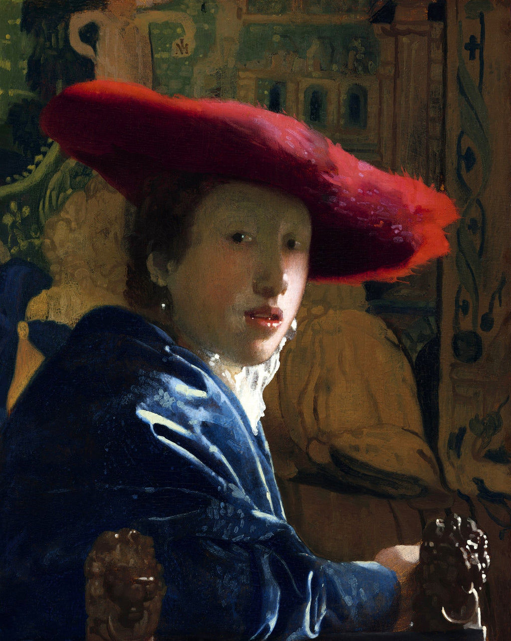 Retrato de uma jovem mulher com chapéu vermelho vibrante e casaco azul, olhando diretamente para o observador. A luz incide suavemente em seu rosto, com um fundo escuro e detalhes em verde e dourado.