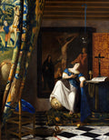 Quadro decorativo "A Alegoria da Fé" de Johannes Vermeer, mostrando uma mulher sentada em um interior ricamente decorado, com simbolismo religioso e uma tapeçaria à esquerda.