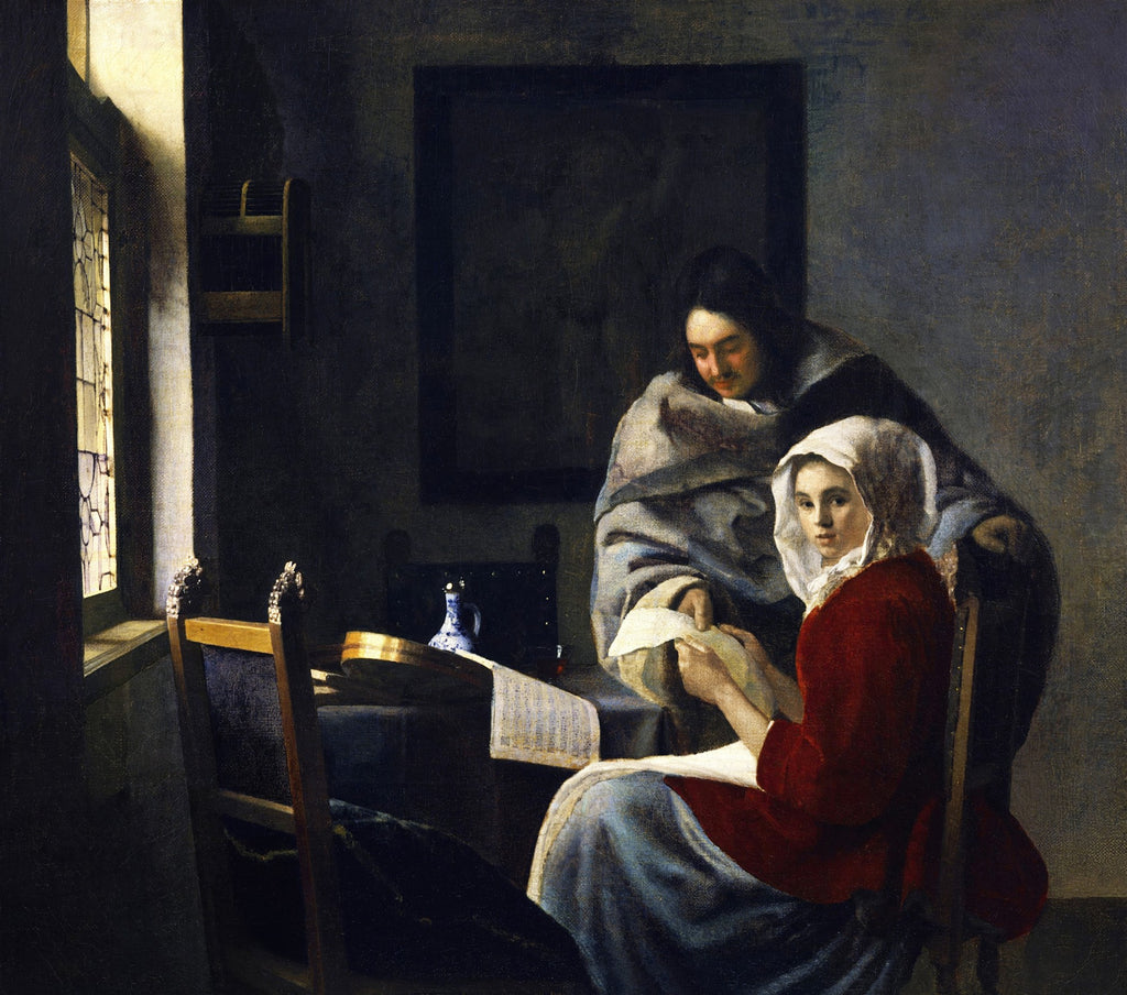 Quadro A Lição de Música de Johannes Vermeer, mostrando uma mulher tocando um virginal e um homem ao seu lado, em um ambiente interno iluminado por uma janela lateral.