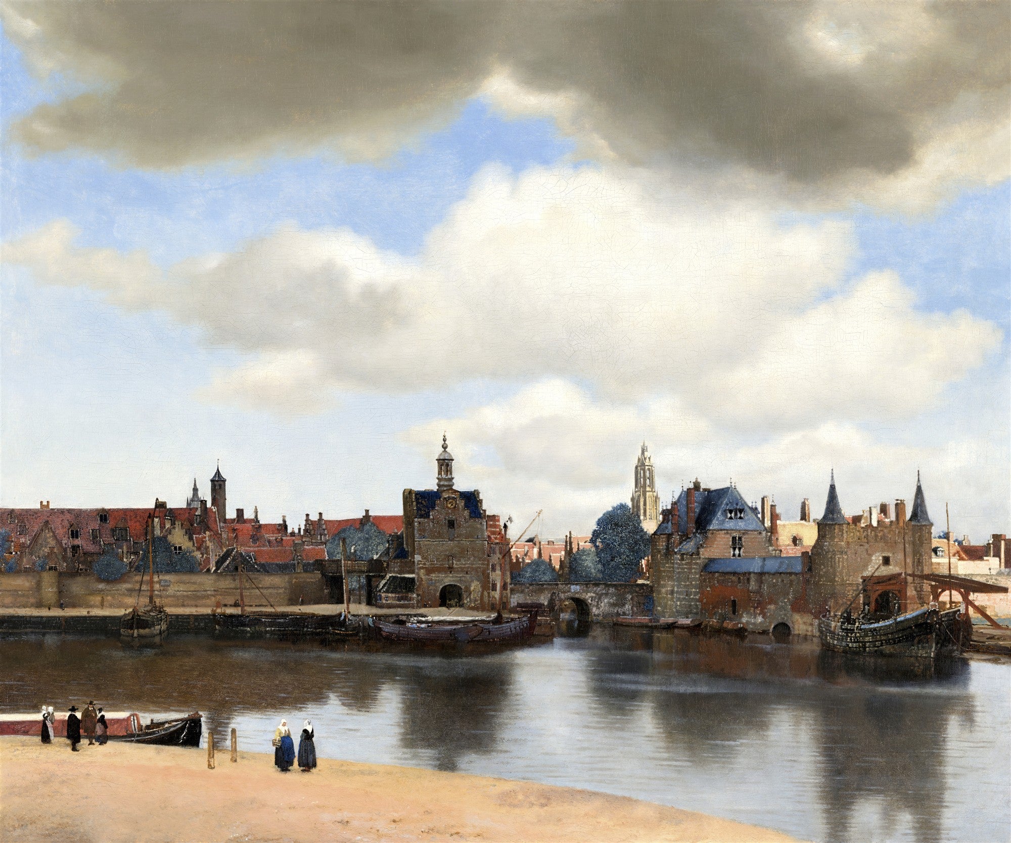 Quadro decorativo mostrando a Vista de Delft de Vermeer, com uma cidade costeira holandesa refletida em um rio calmo sob um céu nublado.