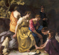 Pintura de Johannes Vermeer, 'Diana e Suas Ninfas', com cinco figuras femininas em um cenário natural escuro, uma lavando os pés de outra, e um cachorro ao lado esquerdo.
