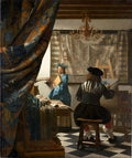 Quadro decorativo mostrando 'A Arte da Pintura' de Johannes Vermeer, com um artista pintando e uma modelo representando a História com trombeta e livro, em um cenário interior com mapa na parede.
