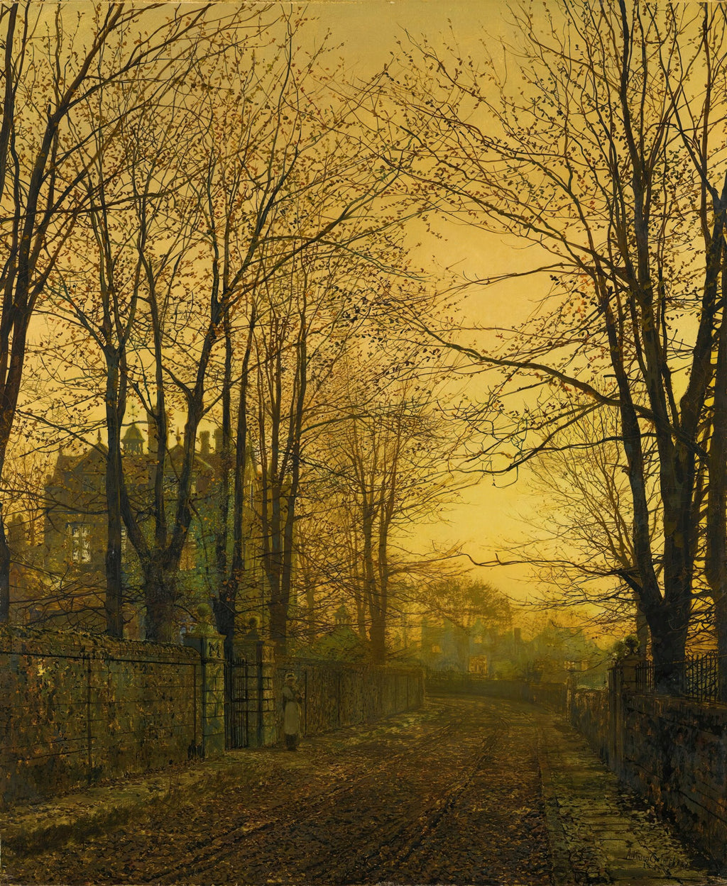 Pintura a óleo de John Atkinson Grimshaw, 'A Chegada do Inverno', retratando uma estrada de terra ladeada por árvores sem folhas e um muro de pedra, com uma mansão ao fundo e uma figura solitária. Céu em tons de amarelo e dourado.