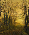 Pintura a óleo de John Atkinson Grimshaw, 'A Chegada do Inverno', retratando uma estrada de terra ladeada por árvores sem folhas e um muro de pedra, com uma mansão ao fundo e uma figura solitária. Céu em tons de amarelo e dourado.