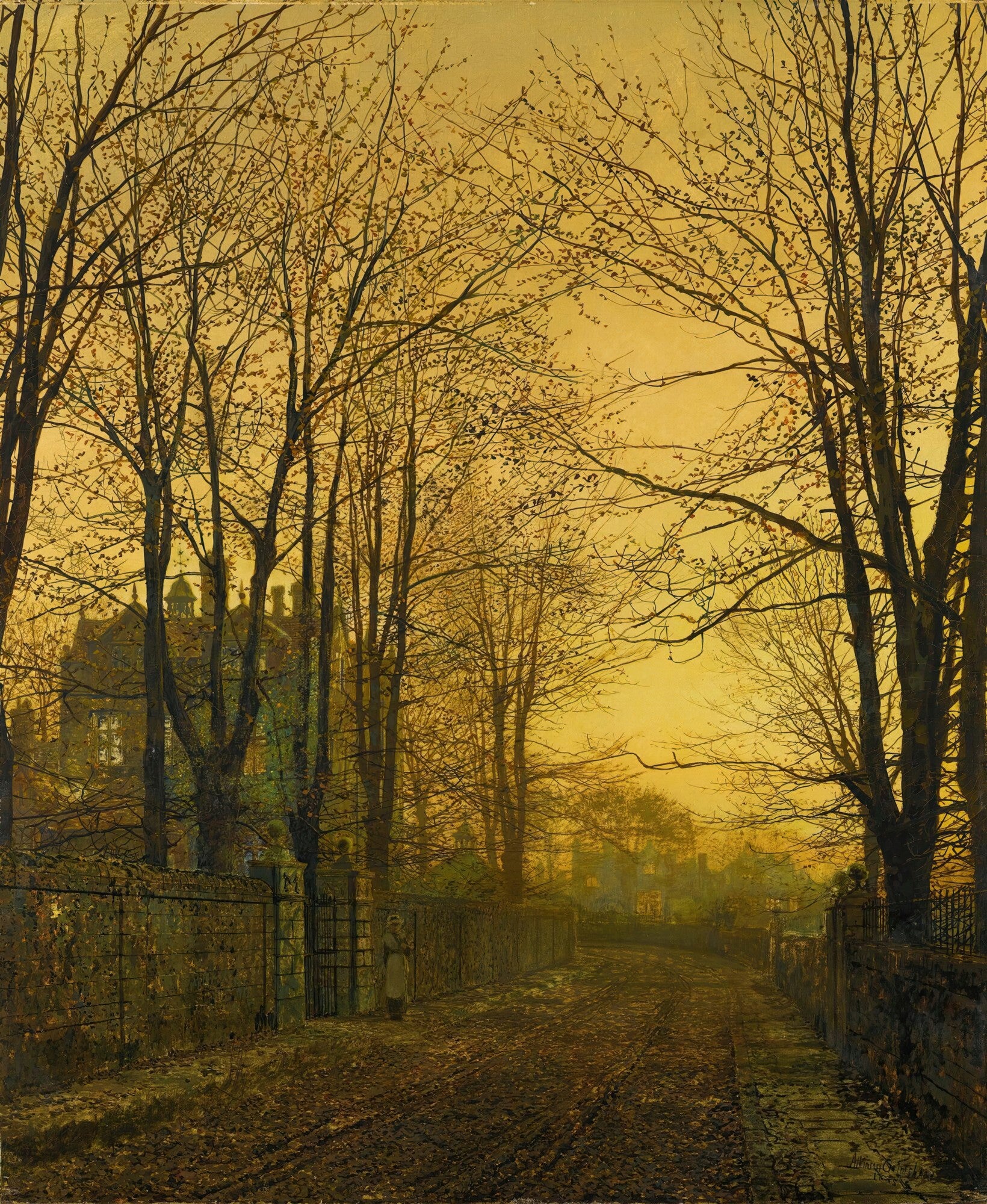 Pintura a óleo de John Atkinson Grimshaw, 'A Chegada do Inverno', retratando uma estrada de terra ladeada por árvores sem folhas e um muro de pedra, com uma mansão ao fundo e uma figura solitária. Céu em tons de amarelo e dourado.