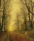 Quadro decorativo com paisagem outonal, caminho coberto de folhas, árvores sem folhas, figura feminina solitária, casa vitoriana e luz dourada ao fundo, do artista John Atkinson Grimshaw.