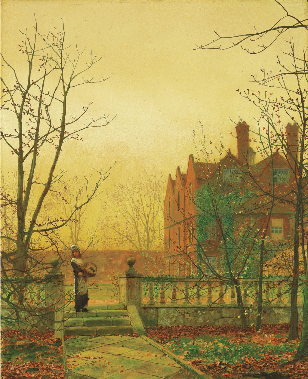 Quadro decorativo "The Old Garden" de John Atkinson Grimshaw, representando uma figura feminina em um jardim de outono com uma casa avermelhada ao fundo, banhado por luz dourada.