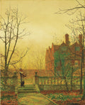 Quadro decorativo "The Old Garden" de John Atkinson Grimshaw, representando uma figura feminina em um jardim de outono com uma casa avermelhada ao fundo, banhado por luz dourada.