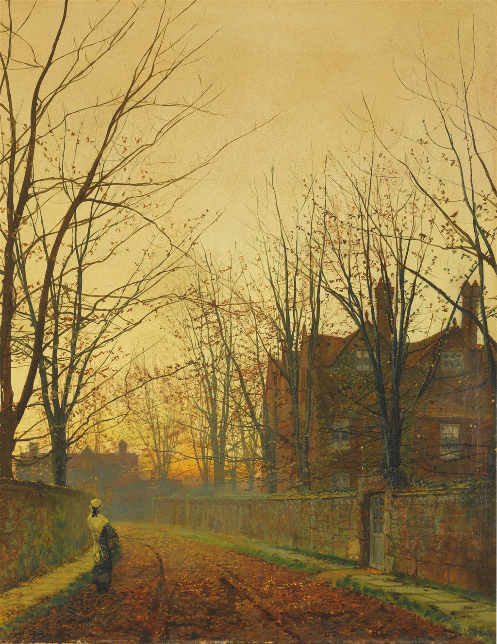 Quadro decorativo com pintura a óleo de John Atkinson Grimshaw, 'An Autumn Evening', mostrando uma rua outonal com folhas secas, árvores sem folhas e casas de tijolo sob um céu crepuscular dourado, com uma figura caminhando à esquerda.