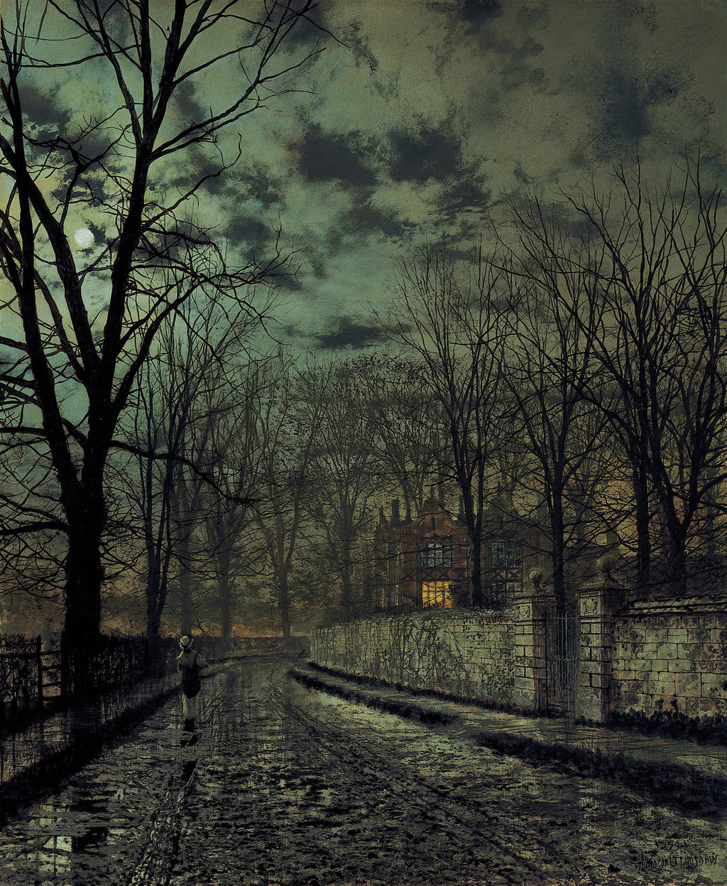 Quadro decorativo noturno de John Atkinson Grimshaw, 'A Chegada Solitária', com caminho de terra molhada, árvores escuras e uma casa iluminada ao fundo, sob o luar. Uma figura solitária caminha pela estrada.