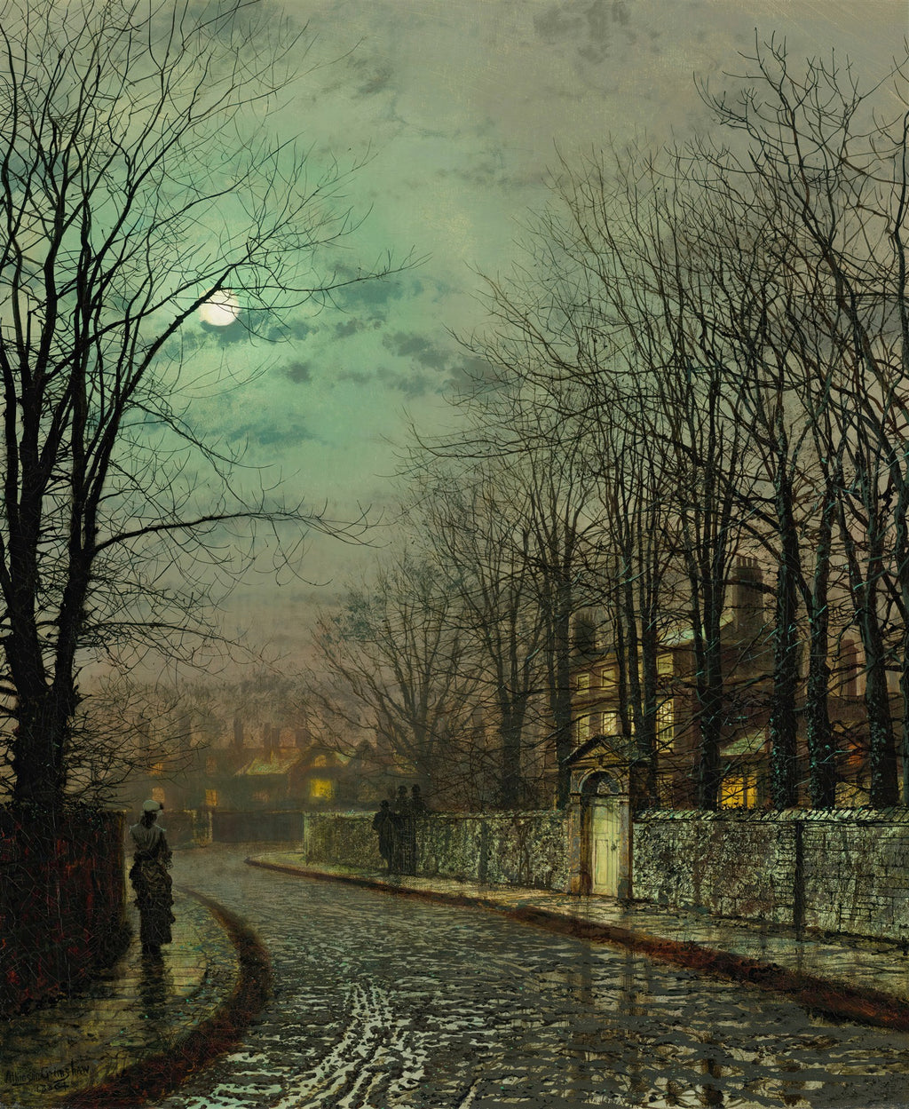 Uma pintura noturna de John Atkinson Grimshaw, mostrando uma rua de paralelepípedos molhada sob a luz da lua cheia, com árvores nuas e casas com luzes acesas nas janelas. Uma figura solitária caminha pela rua. A cena é dominada por tons de verde-azulado e cinza.