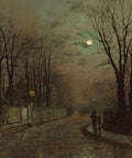 Pintura a óleo de John Atkinson Grimshaw, 'A Winter's Night, Roundhay Park', retratando uma rua iluminada pela lua com árvores desfolhadas e uma casa com janela acesa, e figuras distantes caminhando. Cores escuras predominam, com destaque para o brilho da lua e da janela.