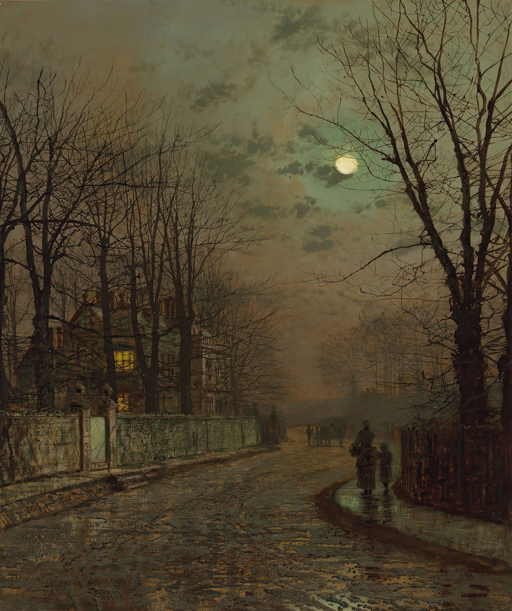Pintura a óleo de John Atkinson Grimshaw, 'A Winter's Night, Roundhay Park', retratando uma rua iluminada pela lua com árvores desfolhadas e uma casa com janela acesa, e figuras distantes caminhando. Cores escuras predominam, com destaque para o brilho da lua e da janela.