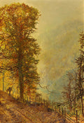 Paisagem outonal com árvores de folhas douradas e avermelhadas, um caminho sinuoso e uma cerca de madeira. Um homem com um fardo nas costas caminha à distância. A luz dourada do sol ilumina a cena, criando uma atmosfera suave e misteriosa.