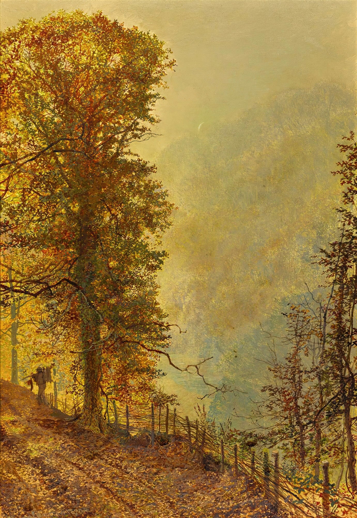 Paisagem outonal com árvores de folhas douradas e avermelhadas, um caminho sinuoso e uma cerca de madeira. Um homem com um fardo nas costas caminha à distância. A luz dourada do sol ilumina a cena, criando uma atmosfera suave e misteriosa.