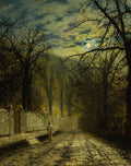 Quadro decorativo de uma paisagem noturna com uma pessoa caminhando por uma estrada de terra sob o luar, cercada por árvores escuras e uma parede de pedra. A luz da lua ilumina o céu com nuvens e partes do caminho.