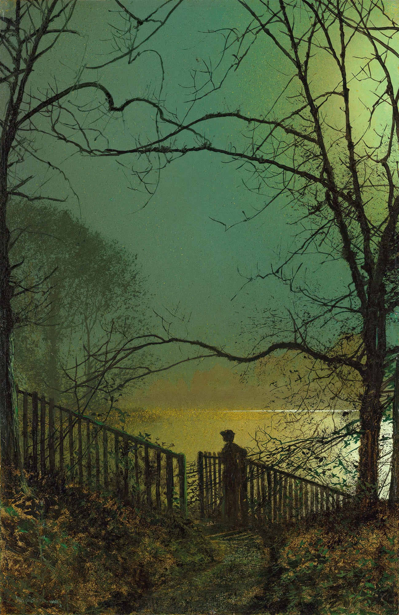Quadro decorativo mostrando uma paisagem noturna com árvores escuras em primeiro plano, uma figura solitária em um portão de madeira e um lago com reflexos dourados e esverdeados ao fundo, sob um céu crepuscular. Obra atribuída a John Atkinson Grimshaw.