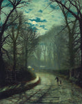 Quadro decorativo 'A Chegada da Noite' de John Atkinson Grimshaw, mostrando um caminho rural à noite, com um homem e uma criança caminhando sob a luz da lua e árvores despidas.