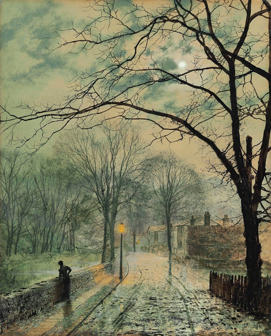 Quadro de John Atkinson Grimshaw retratando uma paisagem noturna com um homem em uma ponte, iluminada por um poste de rua e o luar entre as nuvens, árvores nuas em primeiro plano e edifícios ao fundo.