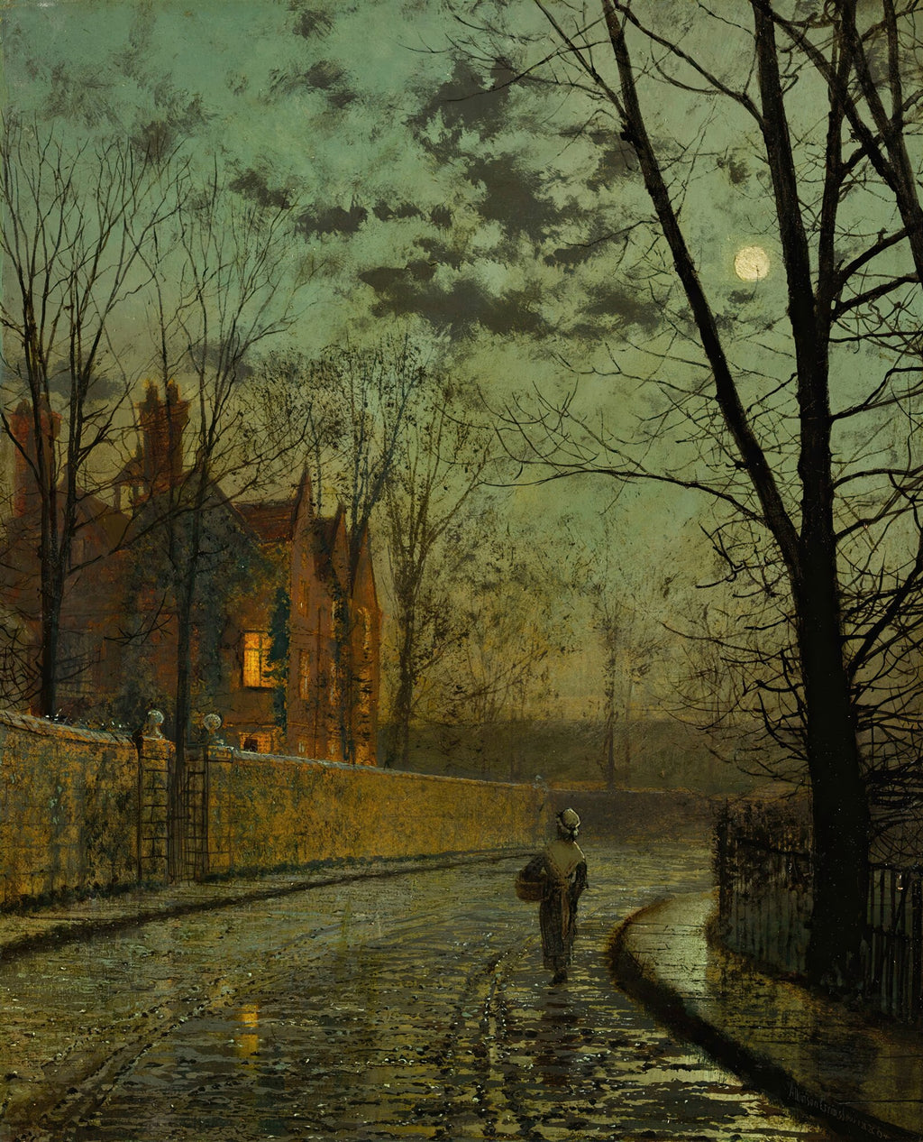 Quadro decorativo de John Atkinson Grimshaw, 'Sob a Luz da Lua', mostrando uma rua noturna molhada sob a luz da lua, com uma casa iluminada e uma figura solitária caminhando, árvores nuas e paredes de pedra.