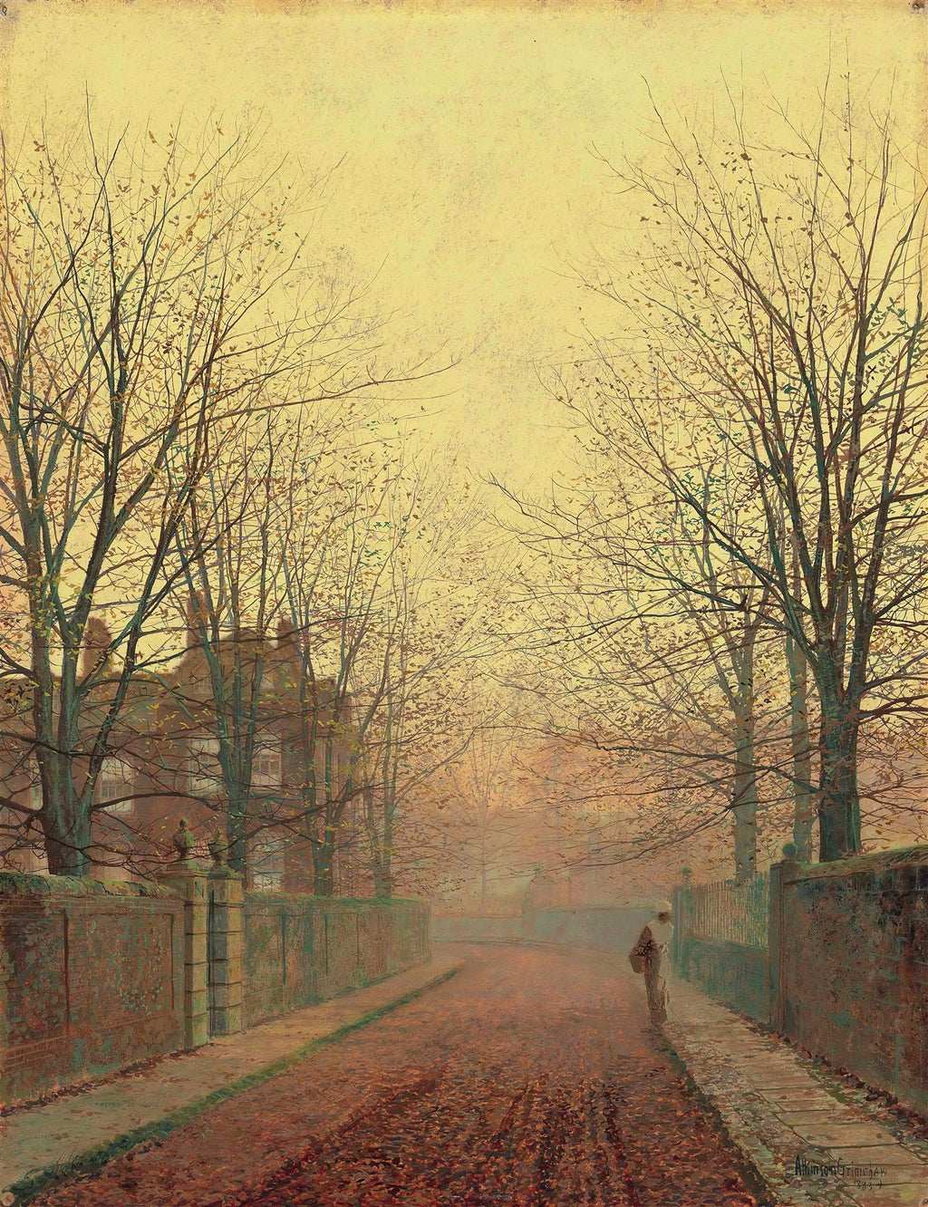 Quadro decorativo de John Atkinson Grimshaw, 'Autumn in the Park'. A imagem retrata uma rua ladeada por árvores sem folhas e muros de tijolos, sob um céu dourado e nebuloso de outono. Há uma figura solitária no canto inferior direito. As folhas secas cobrem o chão.