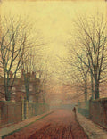 Quadro decorativo de John Atkinson Grimshaw, 'Autumn in the Park'. A imagem retrata uma rua ladeada por árvores sem folhas e muros de tijolos, sob um céu dourado e nebuloso de outono. Há uma figura solitária no canto inferior direito. As folhas secas cobrem o chão.