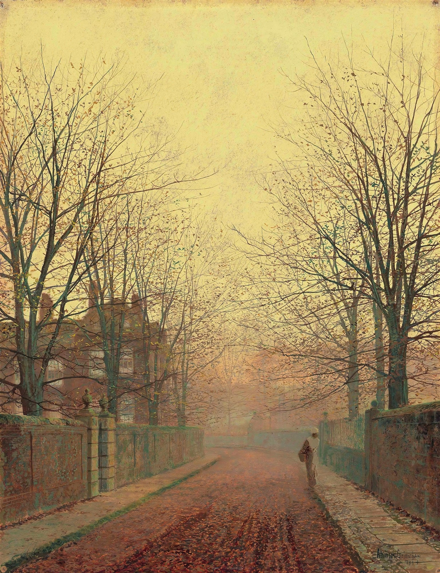 Quadro decorativo de John Atkinson Grimshaw, 'Autumn in the Park'. A imagem retrata uma rua ladeada por árvores sem folhas e muros de tijolos, sob um céu dourado e nebuloso de outono. Há uma figura solitária no canto inferior direito. As folhas secas cobrem o chão.