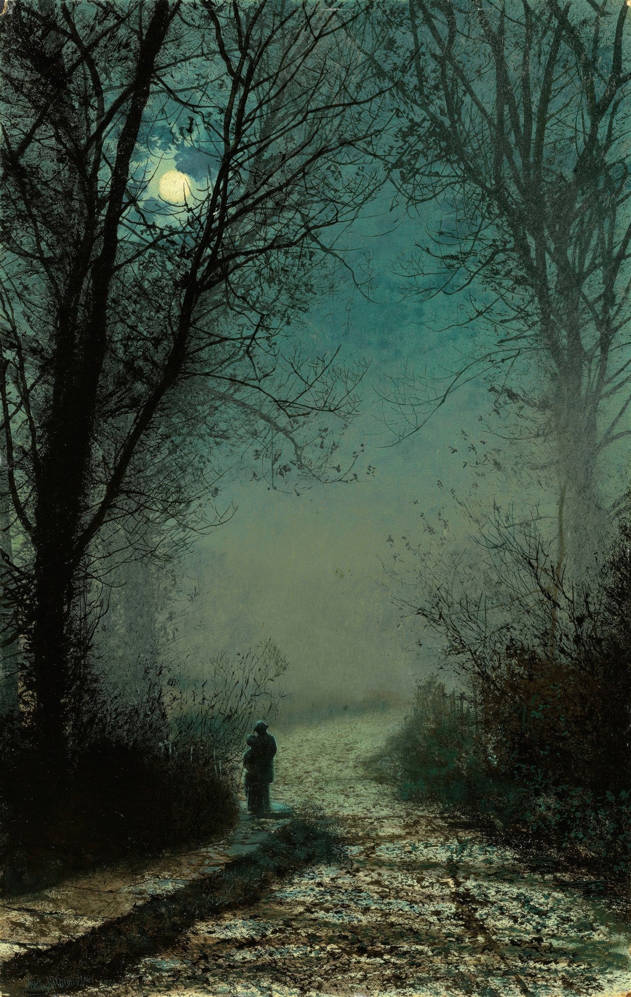 Quadro decorativo noturno de John Atkinson Grimshaw, 'A Moonlit Lane', mostrando uma trilha sob a luz da lua com árvores escuras e uma figura solitária ao longe, em tons de azul e verde escuro.