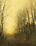 Pintura a óleo de John Atkinson Grimshaw intitulada 'Winter Evening', retratando uma mulher solitária caminhando por uma estrada de terra ladeada por árvores sem folhas e um muro de pedra sob um céu alaranjado e embaçado de fim de tarde ou nevoeiro. Há uma mansão ao fundo. A obra evoca uma atmosfera melancólica e misteriosa.