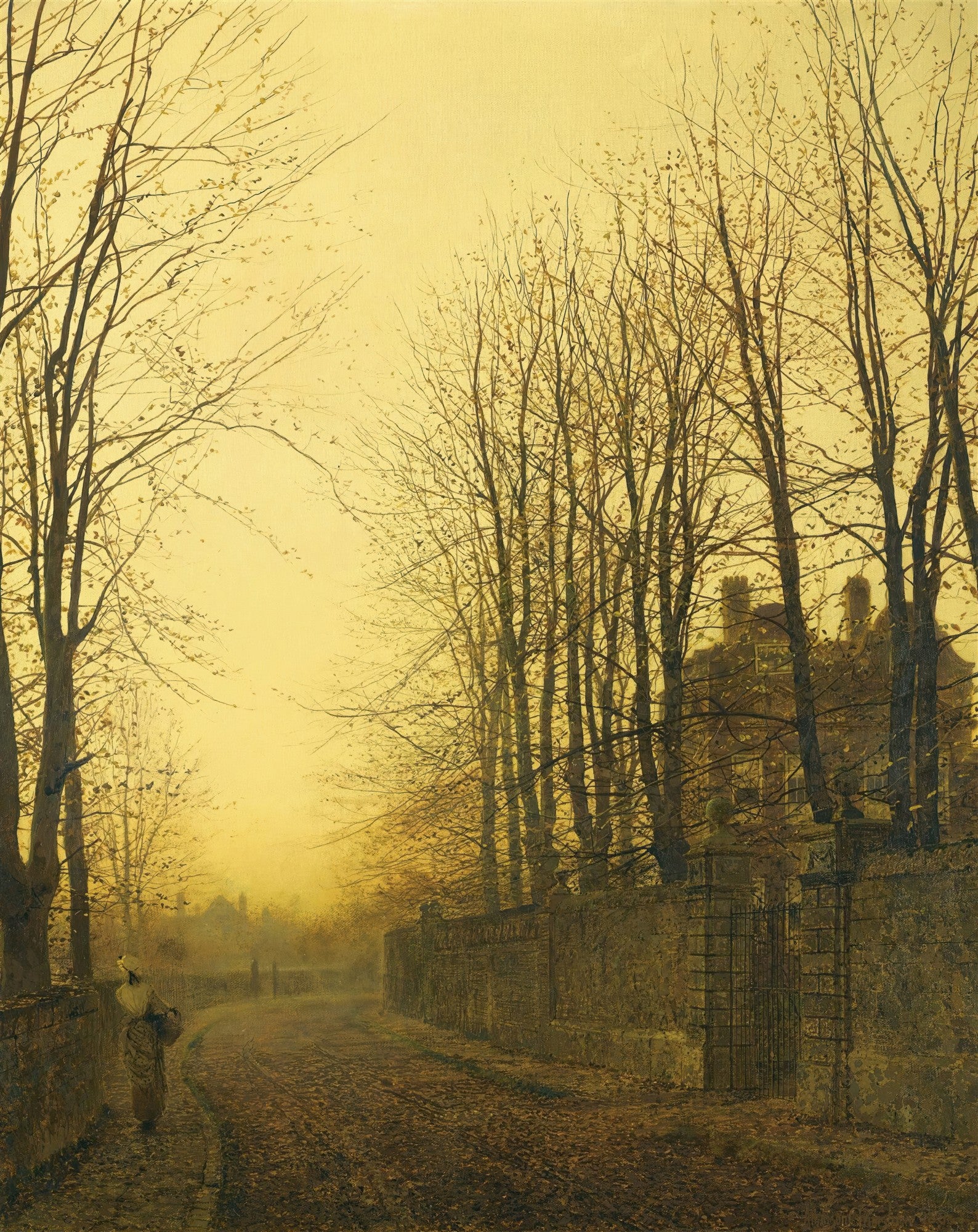 Pintura a óleo de John Atkinson Grimshaw intitulada 'Winter Evening', retratando uma mulher solitária caminhando por uma estrada de terra ladeada por árvores sem folhas e um muro de pedra sob um céu alaranjado e embaçado de fim de tarde ou nevoeiro. Há uma mansão ao fundo. A obra evoca uma atmosfera melancólica e misteriosa.