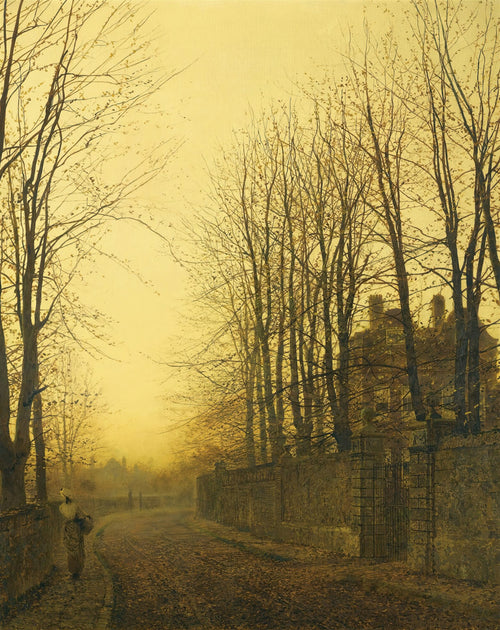 Pintura a óleo de John Atkinson Grimshaw intitulada 'Winter Evening', retratando uma mulher solitária caminhando por uma estrada de terra ladeada por árvores sem folhas e um muro de pedra sob um céu alaranjado e embaçado de fim de tarde ou nevoeiro. Há uma mansão ao fundo. A obra evoca uma atmosfera melancólica e misteriosa.