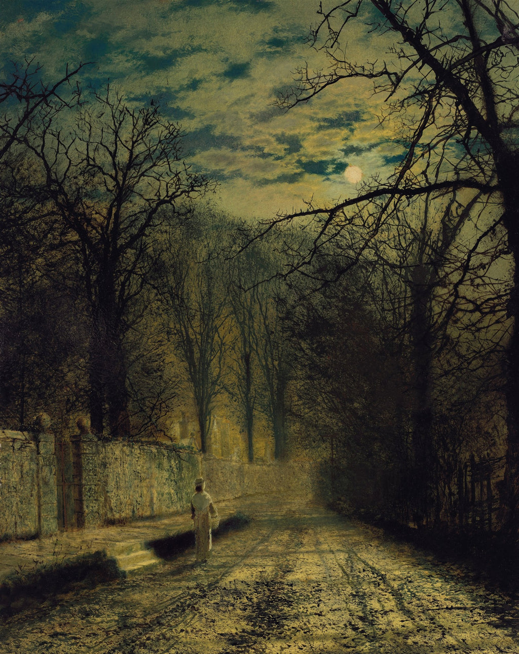 Quadro decorativo 'A Moonlit Road' de John Atkinson Grimshaw, retratando uma figura solitária caminhando por um caminho iluminado pela lua, cercado por árvores desfolhadas e um muro de pedra sob um céu nublado e dramático.