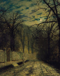 Quadro decorativo 'A Moonlit Road' de John Atkinson Grimshaw, retratando uma figura solitária caminhando por um caminho iluminado pela lua, cercado por árvores desfolhadas e um muro de pedra sob um céu nublado e dramático.