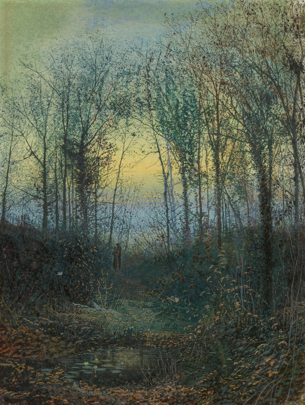Pintura de John Atkinson Grimshaw retratando uma floresta densa ao anoitecer, com árvores sem folhas e um céu alaranjado ao fundo, refletido em um pequeno riacho ou lago no primeiro plano. Há uma figura distante no caminho.