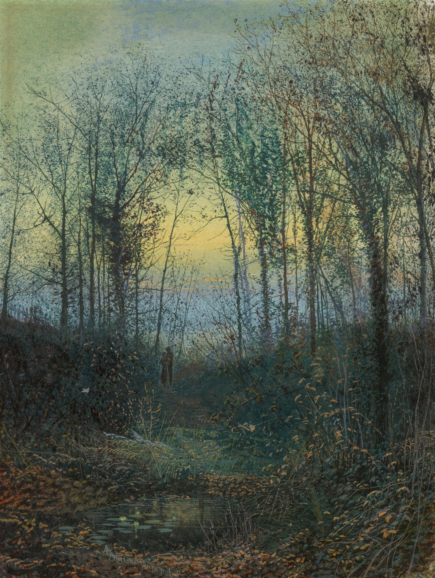 Pintura de John Atkinson Grimshaw retratando uma floresta densa ao anoitecer, com árvores sem folhas e um céu alaranjado ao fundo, refletido em um pequeno riacho ou lago no primeiro plano. Há uma figura distante no caminho.