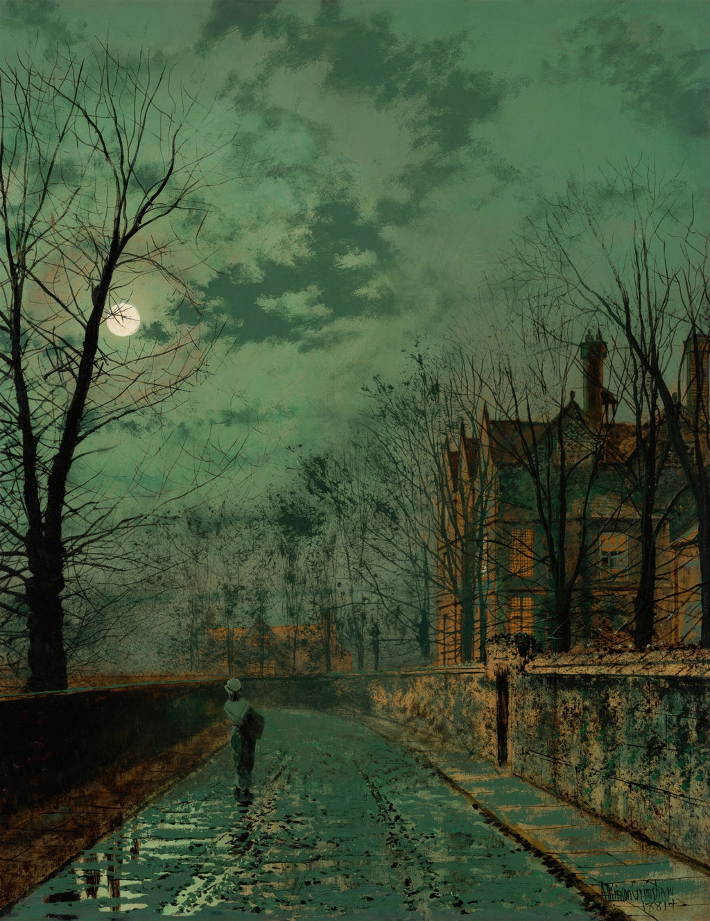 Quadro decorativo com pintura noturna de John Atkinson Grimshaw, representando uma rua molhada sob o luar, com uma figura solitária e casas vitorianas ao fundo. Predominam tons de verde-azulado e cinza.