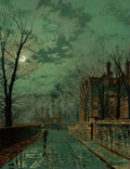Quadro decorativo com pintura noturna de John Atkinson Grimshaw, representando uma rua molhada sob o luar, com uma figura solitária e casas vitorianas ao fundo. Predominam tons de verde-azulado e cinza.