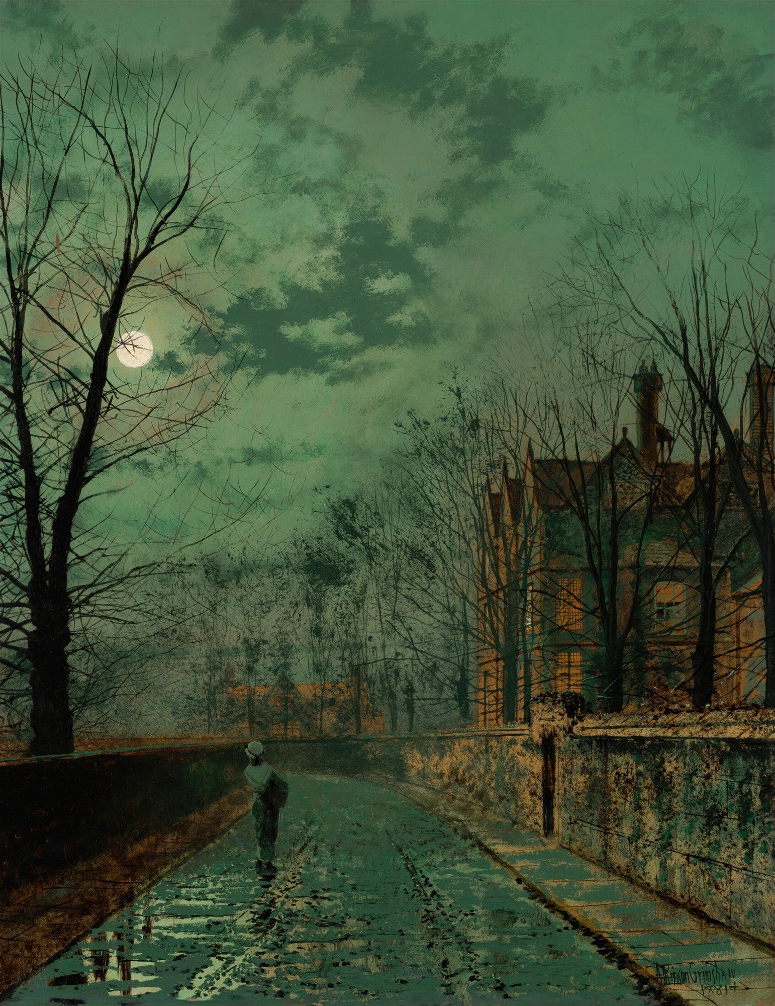 Quadro decorativo com pintura noturna de John Atkinson Grimshaw, representando uma rua molhada sob o luar, com uma figura solitária e casas vitorianas ao fundo. Predominam tons de verde-azulado e cinza.