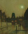 Quadro decorativo mostrando uma rua de Londres à noite, com duas figuras andando sob o luar e a luz de lampiões, em estilo vitoriano melancólico e detalhado.