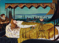 Quadro decorativo A Dama de Shalott, representando uma mulher de cabelos ruivos deitada em uma barca ricamente ornamentada, com um homem barbudo ao fundo e uma paisagem noturna ao entardecer.