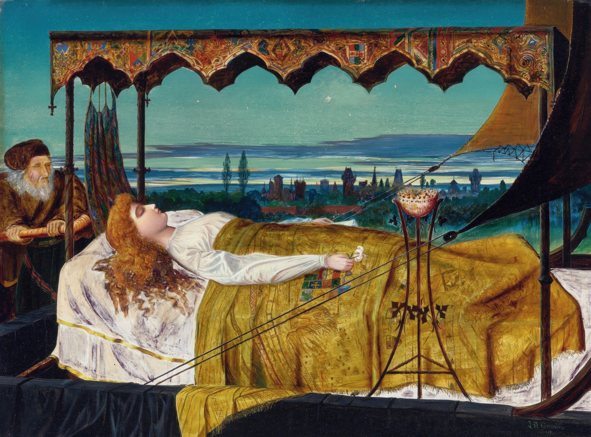 Quadro decorativo A Dama de Shalott, representando uma mulher de cabelos ruivos deitada em uma barca ricamente ornamentada, com um homem barbudo ao fundo e uma paisagem noturna ao entardecer.