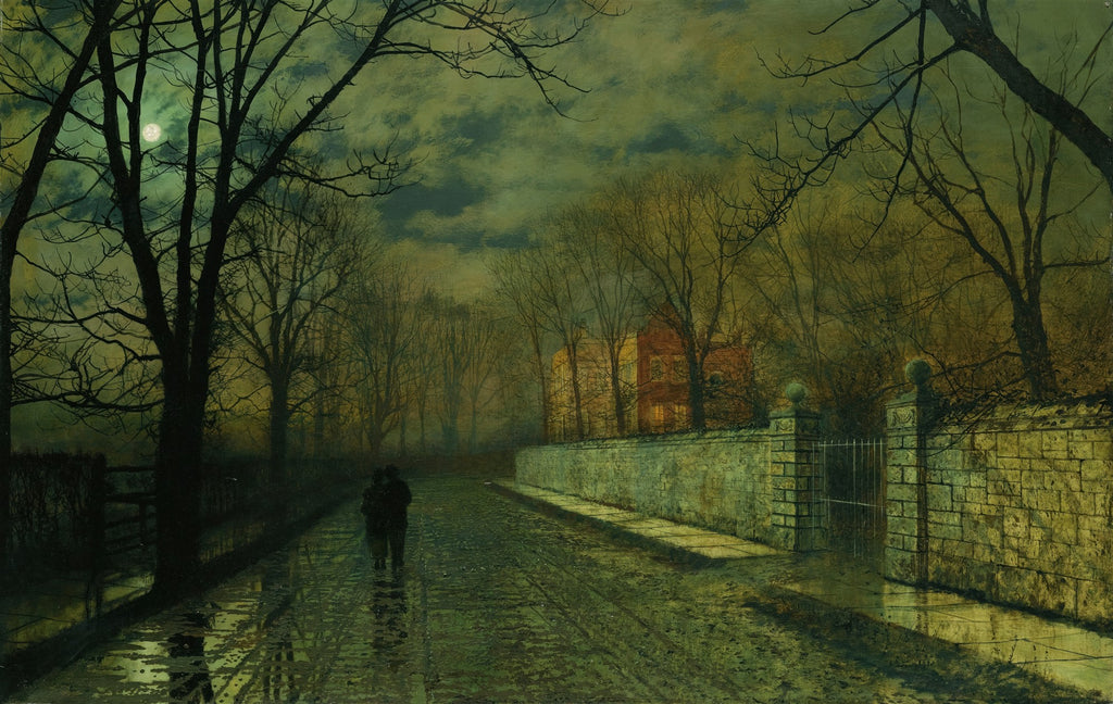 Quadro decorativo de uma rua molhada à noite, iluminada pela lua cheia, com árvores secas e uma casa avermelhada ao fundo. Duas figuras caminham pela rua.
