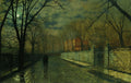 Quadro decorativo de uma rua molhada à noite, iluminada pela lua cheia, com árvores secas e uma casa avermelhada ao fundo. Duas figuras caminham pela rua.